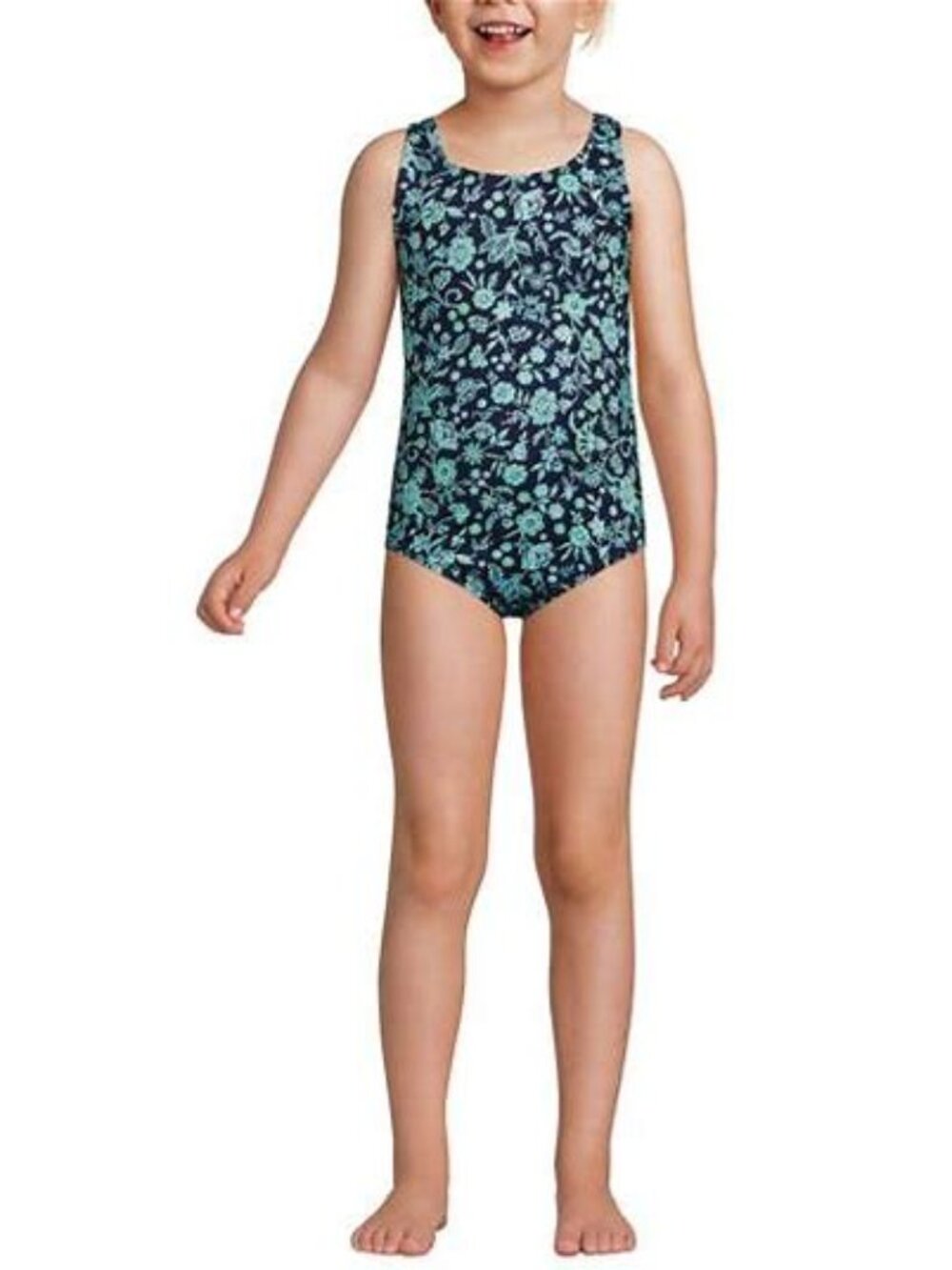 Lands' End Girls L 10-12 One-Piece Swimsuit Blue Green Floral Criss Cross New